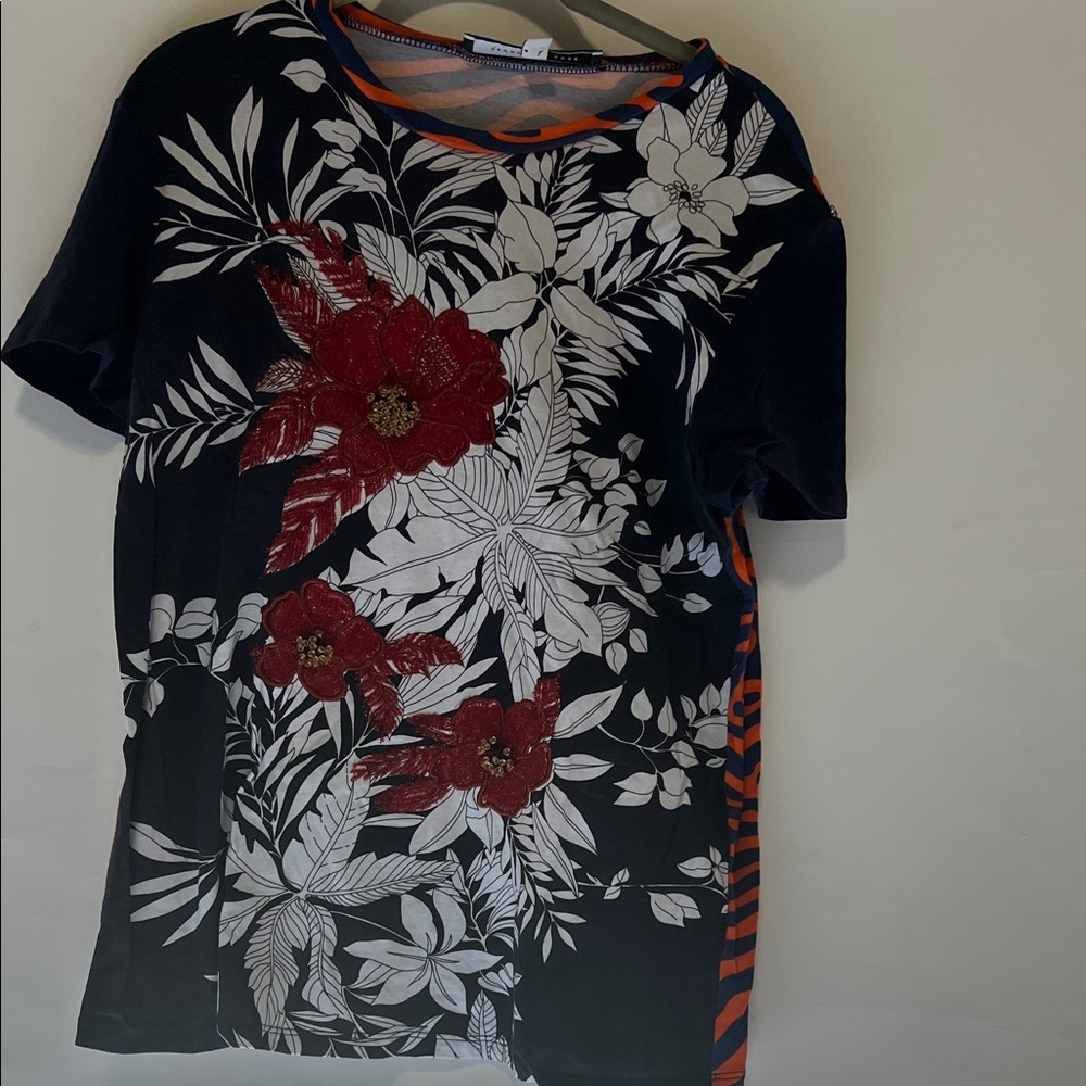 Sportmax code Blue & orange  Short Sleeve Tee floral beaded top